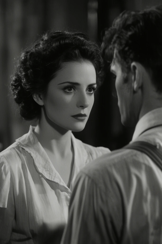 vintage black and white film still, woman with dark curled updo and light blouse gazing intensely at a man, over-the-shoulder view of man wearing a shirt and suspenders, dramatic chiaroscuro lighting, soft focus background
