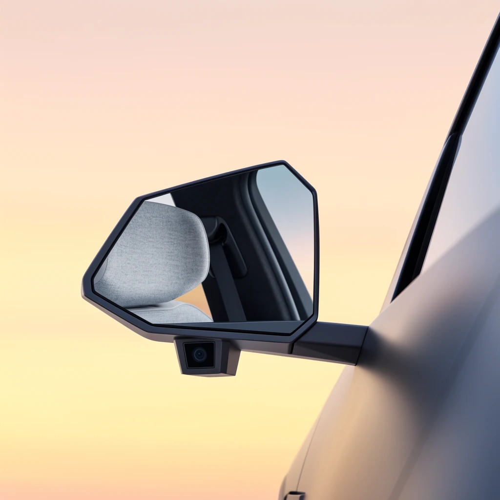 A close-up profile of a modern, geometric car side mirror extending from a sleek, dark grey vehicle body against a smooth pastel gradient sky. The polygonal mirror glass cleanly reflects the vehicle's interior, showing a textured light grey fabric headrest beside a dark interior pillar. A small, blocky camera module is mounted directly beneath the main mirror housing. The car's exterior on the right features a smooth, matte finish catching soft, diffused ambient light. The minimalist background transitions seamlessly from a pale peach to a warm pastel yellow, highlighting the sharp, futuristic lines of the automotive design with serene, gentle lighting.