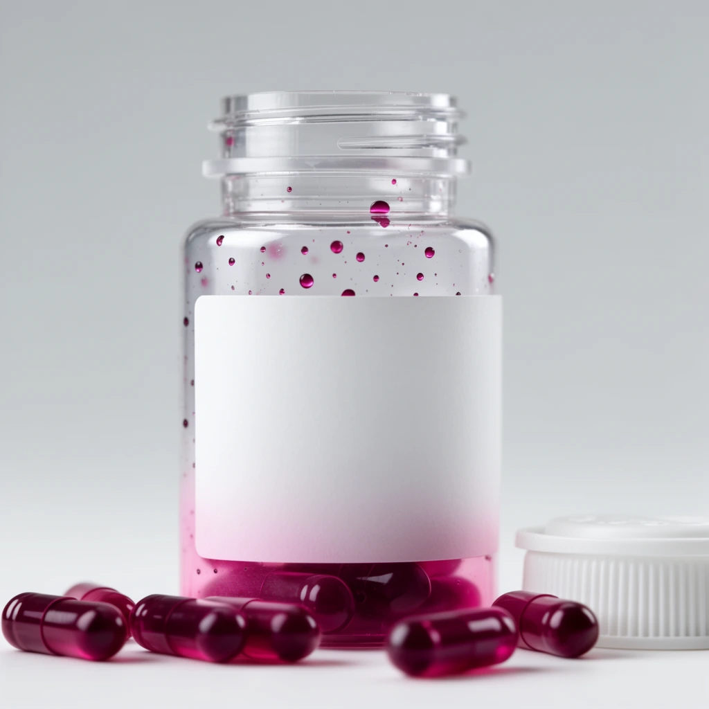 clear plastic medication bottle upright on a white surface, interior base with translucent magenta gradient, scattered magenta droplets clinging to the inner walls, blank white rectangular label, deep magenta translucent gel capsules scattered horizontally in the foreground, shallow depth of field blurring the closest capsules, detached white ribbed cap resting to the right, smooth light gray studio background, soft diffused lighting, clinical aesthetic, macro photography