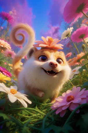 Vibrant Whimsical CGI style reference image — tactile fur and knit textures