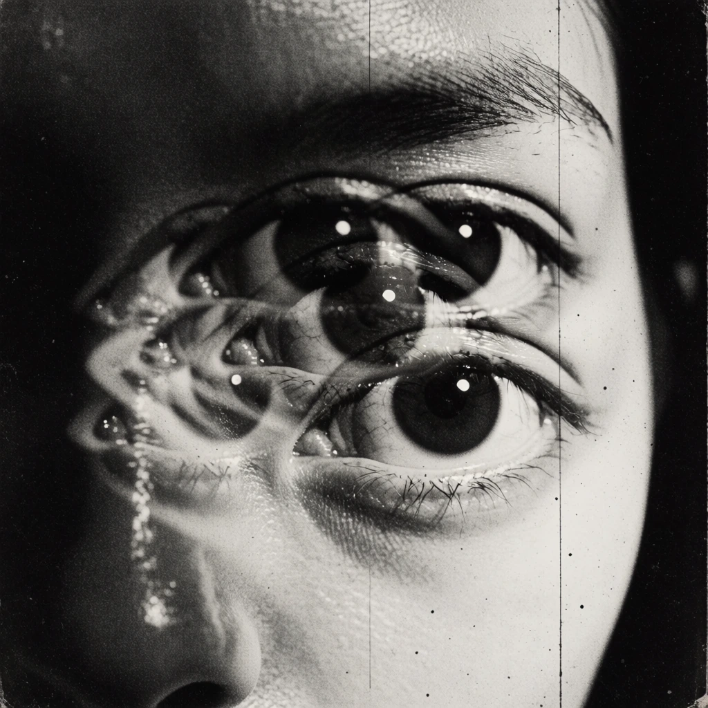 A high-contrast black and white surrealist image depicts a close-up of a human face with multiple overlapping eyes stacked in a descending diagonal line. Three primary eyes are clearly visible, each featuring a large dark pupil with a bright white reflection. The lowermost eye exhibits fine eyelashes along its bottom lid. To the left of this central arrangement, several faint, translucent repetitions of the eye pattern ripple outward, fading into the shadows. The skin texture is highly emphasized by a heavy, gritty grain that covers the entire frame. A dark, solid black void surrounds the facial features on the top and right sides. The lighting is stark and directional, originating from the right side and casting deep, heavy shadows across the left portion of the face. Thin vertical lines and small dark speckles, characteristic of aged film or a low-fidelity print, are scattered across the composition. The framing is an extreme close-up, focusing exclusively on the distorted ocular region of the face.