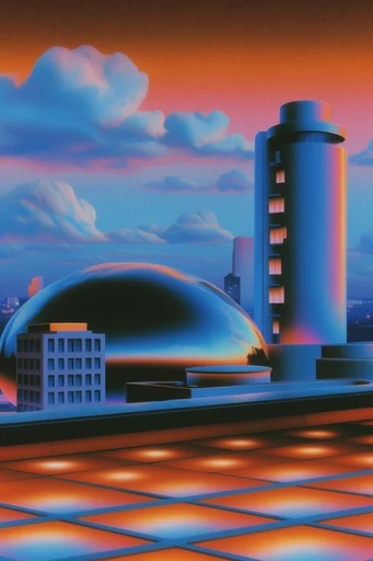 Chromatic Retro Surrealism style reference image — airbrush grain texture