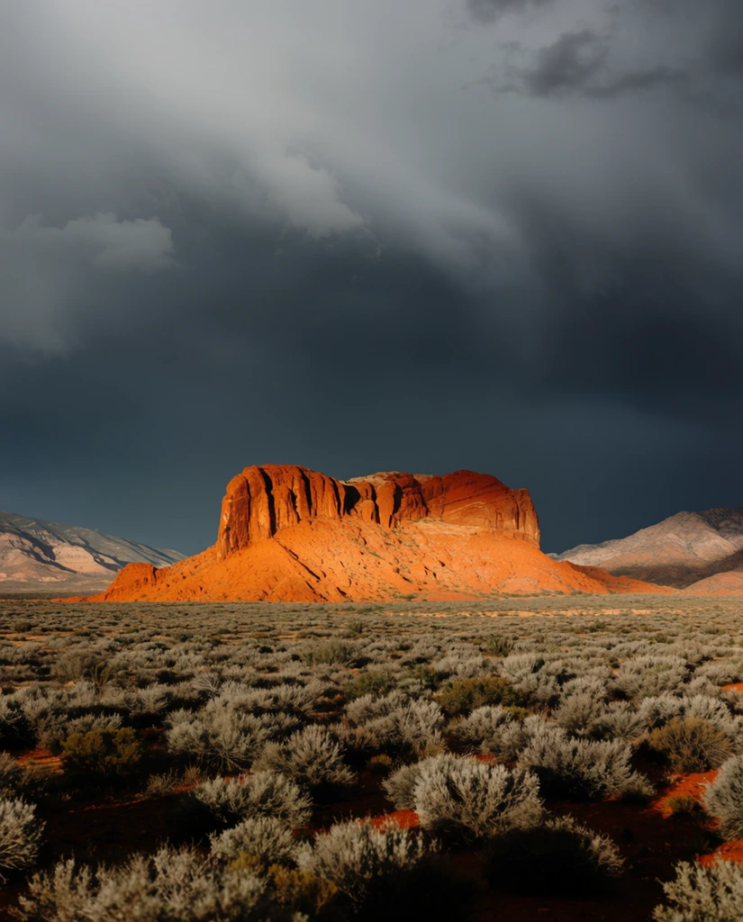 A vibrant terracotta-red rock mesa stands illuminated against a heavy, charcoal-grey storm sky. The expansive foreground is packed with silvery-grey and olive-green desert scrub brush blanketing a flat plain. Centered in the midground, the rugged rock formation features prominent vertical striations and steep cliffs brilliantly lit by piercing directional sunlight. Its fiery orange hues glow intensely against the ominous clouds rolling overhead. Distant, softer-toned mountains flank the central mesa in a wide panoramic composition characterized by stark color separation and high-contrast atmospheric lighting.