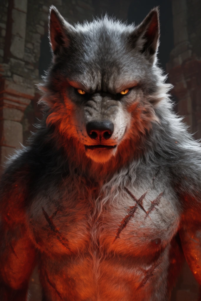 A towering bipedal wolf-like beast with thick silver-tipped fur stands imposing under dramatic fiery lighting. The massive creature stares downward with glowing amber eyes set beneath a furrowed brow. Jagged battle scars crisscross its broad muscular chest. Harsh orange and crimson under-lighting casts deep shadows across its heavy brooding face. The colossal figure dominates against a blurred dimly lit backdrop of crumbling ancient stone pillars. Captured with hyper-realistic cinematic detail and a dramatic low-angle perspective emphasizing immense scale and primal power.