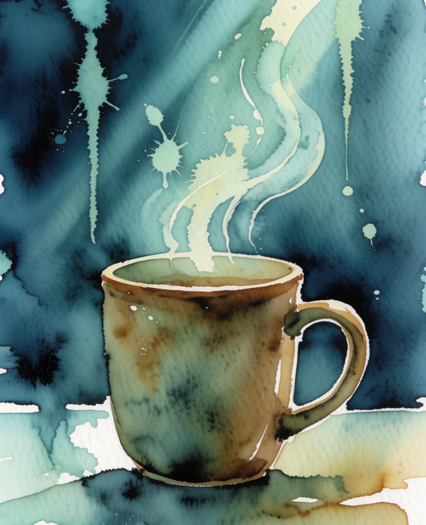 hand-painted watercolor illustration of a textured ceramic mug with wispy steam rising, ethereal atmosphere with vertical volumetric light rays filtering through a deep teal and navy blue background, pale turquoise and cream highlights, pops of golden ochre on the mug's surface, soft wet-on-wet bleeding edges, moody oceanic color palette, delicate brushwork, grainy paper texture, high contrast between dark silhouettes and bright ethereal lighting.