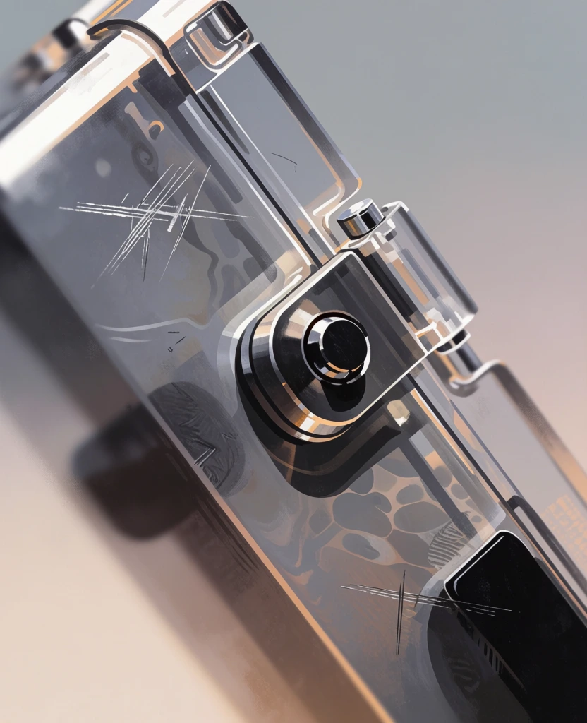 close-up angled view, rectangular translucent plastic casing, central metal hinge fastener, diagonal frame placement, hyper-realistic painterly aesthetic, sharp white scratchy highlights, intricate light reflections, refractive distortions, tactile surface textures, muted color palette of industrial greys and soft warm tones, high-contrast lighting, macro focus on sharp edges, soft bokeh blurred background, atmospheric depth, detailed materiality, polished yet textured finish.