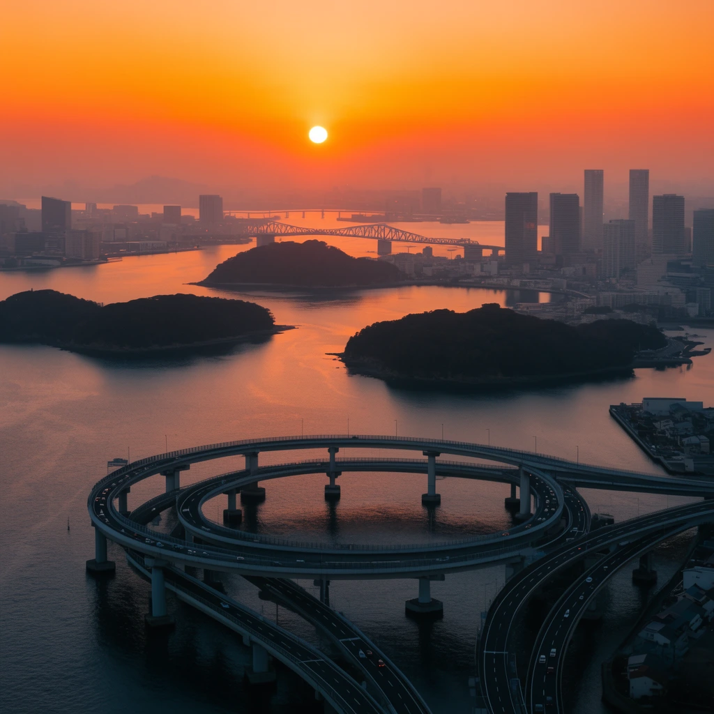 aerial coastal cityscape at sunset, vibrant orange sky, bright sun on hazy horizon, calm bay reflecting warm light, large circular elevated highway interchange over water in foreground, dark silhouettes of forested islands, modern urban skyline, distant truss bridge, atmospheric perspective, high-angle wide shot