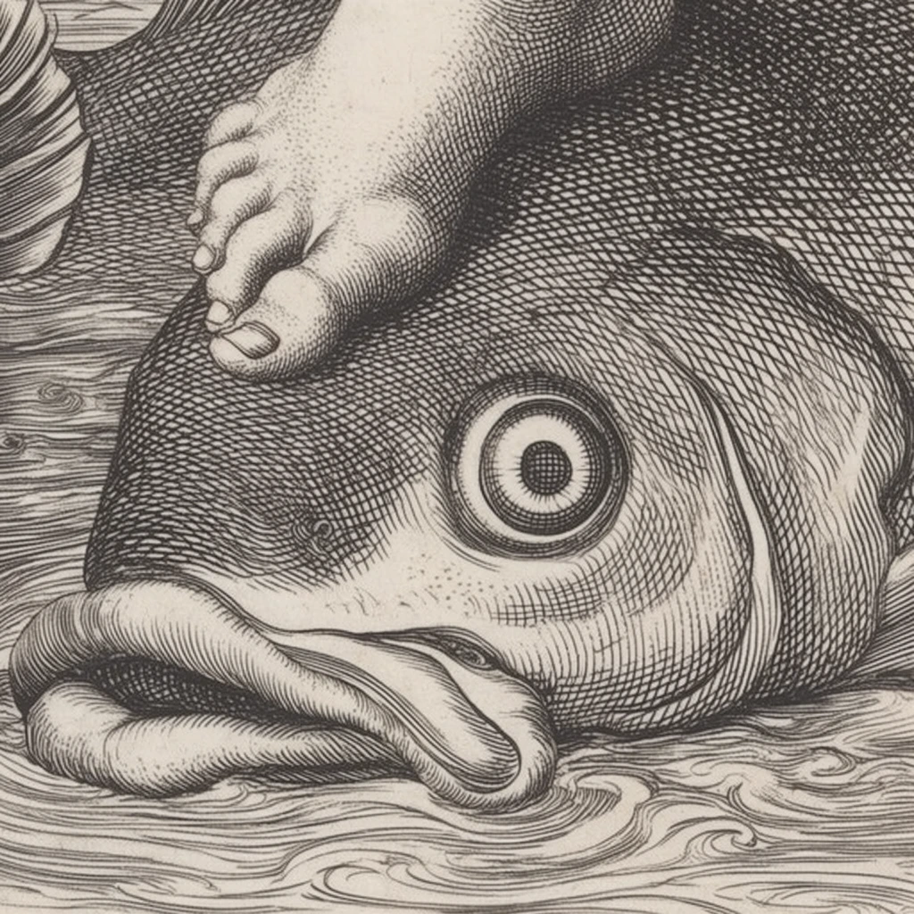 close-up of a bare human foot pressing on the head of a large fish, wide staring eye with concentric rings, fleshy mouth touching swirling water, intricate black and white line engraving, classical etching technique, dense cross-hatching for shading, curved contour lines, high contrast printmaking style