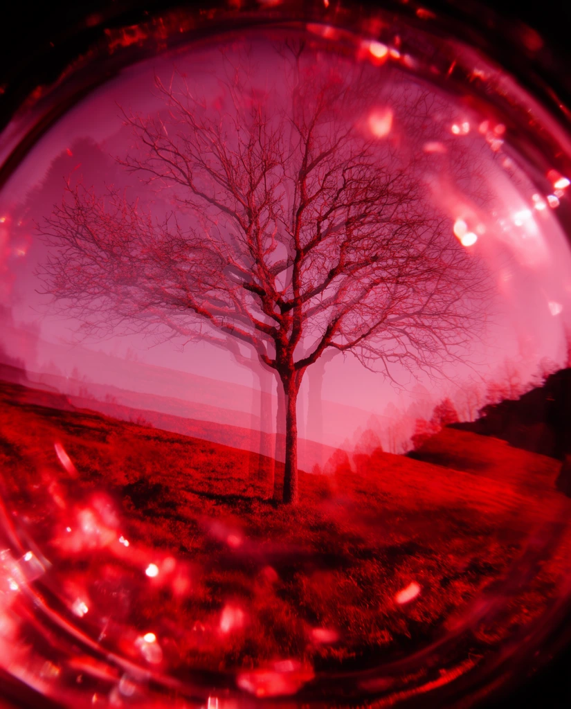 A single bare tree on a grassy hill captured through a warped, kaleidoscopic lens effect completely saturated in intense ruby-red and magenta hues. The bare branches and central trunk are multiplied and ghosted, creating overlapping, translucent layers of the tree slightly offset from one another in a double-exposure style. The grassy hill beneath shares this fractured appearance, its sloping forms blending into deep crimson shadows and glowing red highlights. The composition is enclosed by a heavy, dark circular vignette mimicking a fisheye lens or glass sphere distortion, dramatically bowing the peripheral landscape inward. Floating across the foreground are bright, scattered bokeh flares and luminous light leaks resembling specular reflections on curved glass. The high-contrast lighting and optical refraction merge the multiplied silhouettes of the tree and terrain into a deeply saturated, hallucinatory red haze.