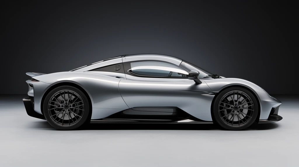 A sleek, metallic silver mid-engine supercar is captured in a perfect profile view against a minimalist studio backdrop. The low-slung vehicle features fluid aerodynamic body lines, a teardrop-shaped glass canopy, and a subtly integrated rear spoiler. Dark contrasting elements include deep black side skirts, intricate multi-spoke alloy wheels revealing large brake calipers, and dark window surrounds. In this immaculate studio setting, an overhead diffused softbox casts a razor-sharp, continuous horizon reflection along the car's pronounced shoulder. The seamless background gradient smoothly transitions from deep charcoal grey to a pale grey floor, emphasizing the sculptural contours of the modern design.