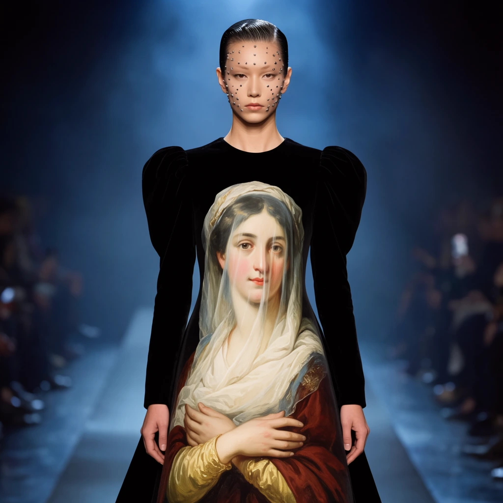 Runway model in black velvet gown with puff shoulders, large classical portrait of veiled woman painted on dress front, slicked hair with facial studs, smoky blue runway, high fashion photography