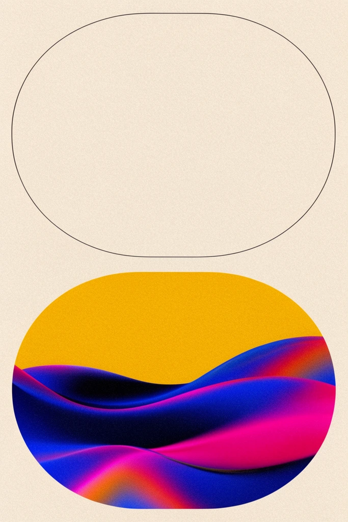 minimalist graphic composition, cream background with heavy grain, thin black circular outline in upper half, horizontal oval below containing vibrant abstract 3D fluid gradients, solid mustard yellow upper section, deep blue and magenta rolling liquid waves, heavy noise overlay, retro-modern geometric layout