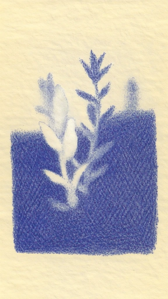 a grove of tall, slender plants with narrow leaves, rendered in a minimalist ballpoint pen style on textured cream paper, negative space illustration with foliage emerging from a dense block of cobalt blue cross-hatching, heavy stippled texture, grainy analog aesthetic, centered square composition with soft hand-drawn edges, raw lo-fi ink quality, delicate blue shading on the stems, organic minimalist atmosphere, rich tactile paper grain.