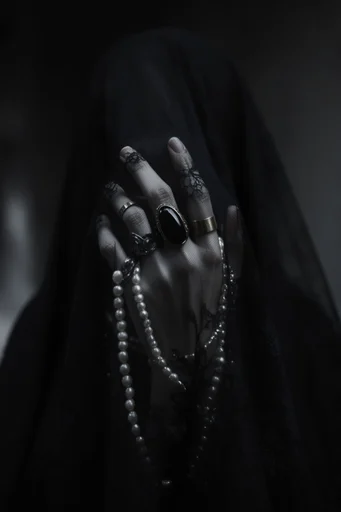 Sovereign Gothic Noir style reference image — intricate lace mourning veil