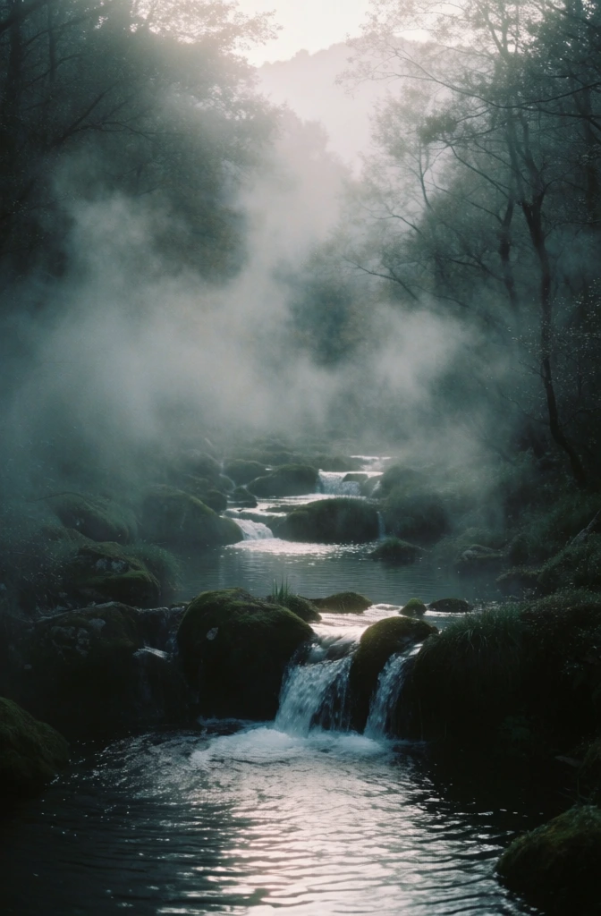 a serene forest landscape featuring a winding stream with small cascading waterfalls over dark mossy rocks, captured in a moody and atmospheric style, heavy fog and mist drifting through the trees, desaturated deep greens and cool blues, soft diffused overcast lighting, cinematic film grain, ethereal and melancholic aesthetic, centered composition with a sense of quiet mystery, glowing highlights reflecting on the water surface, high-end fine art photography, muted color palette.