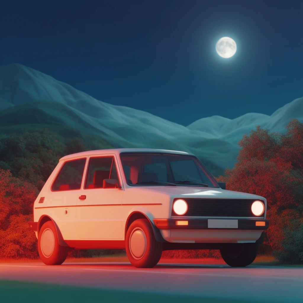 A boxy white retro hatchback is parked on a smooth road under a deep blue night sky and a bright full moon. Glowing round headlights, a dark slatted grille, and smooth disc wheels define the vehicle. An intense, warm reddish-orange light from the lower left casts a surreal, saturated glow across the car's side panels, tires, and the dense foliage flanking the pavement. Behind the car, rolling, smooth-contoured mountains are bathed in soft cyan moonlight, establishing a striking complementary color palette of teal and neon orange. The image exhibits a polished, stylized 3D rendering aesthetic with clean geometric lines, synthetic smooth gradients, and a dreamlike, cinematic atmosphere.