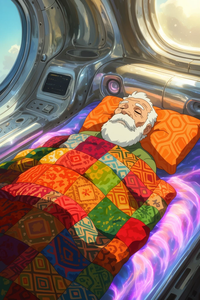 elderly man with white beard sleeping, covered in a vibrant patchwork quilt, orange geometric pillow, glowing energy bed, sunlit futuristic silver space pod interior, 2D anime style