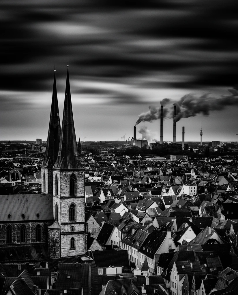A dramatic black and white panoramic photograph of a dense cityscape juxtaposing historic Gothic architecture with modern industrial elements under a sweeping, moody sky. In the left foreground, a prominent stone cathedral features towering twin pointed spires. The midground is tightly packed with traditional buildings bearing steeply pitched roofs, forming a textured sea of dark shingles and pale facades. In the distant right, tall industrial smokestacks release thick plumes of smoke near a slender communications tower. Captured in high-contrast monochrome, the image utilizes a long exposure technique that renders the heavy overcast sky as smooth, streaky horizontal bands of dark and light gray. Stark lighting accentuates the geometric rooflines and casts deep shadows across the sprawling urban landscape.