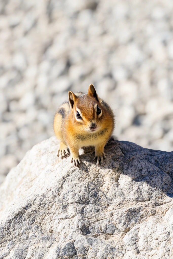 A striped golden-brown chipmunk stands alertly on a rugged light-gray rock, facing forward. Tiny claws grip the textured stone under bright natural sunlight against a heavily blurred background of pale gravel.