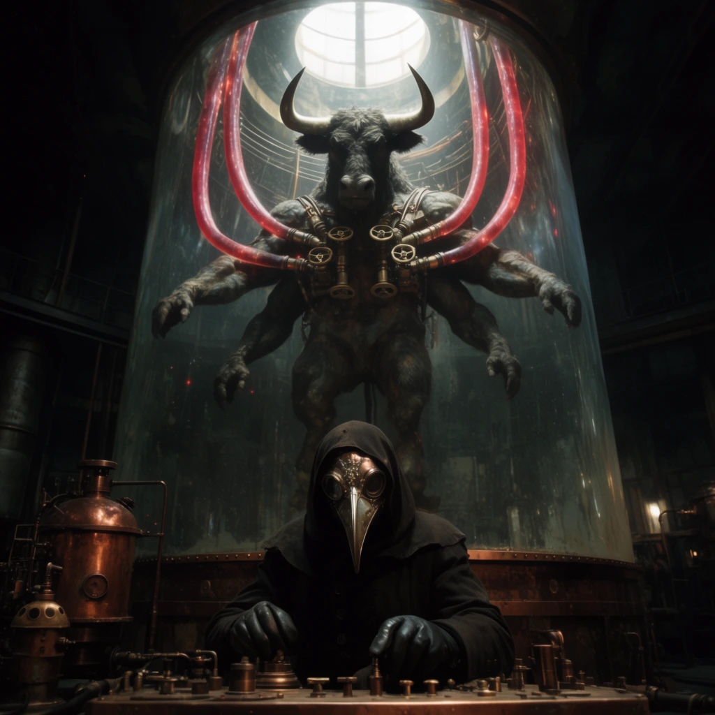 colossal four-armed cybernetic minotaur suspended vertically in a giant glass cylinder, thick glowing crimson hoses connected to brass valves on its chest, cloaked plague doctor in a metallic avian mask operating a steampunk console below, dark industrial laboratory, stark overhead volumetric lighting, deep dramatic shadows, cinematic low-angle composition, oxidized copper textures, atmospheric grit, 35mm photography