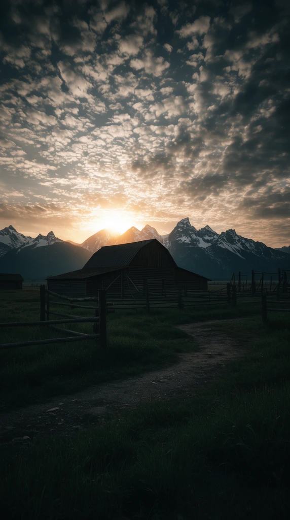Dark wooden barn silhouetted against a glowing sunrise, dramatic sky with textured scattered clouds, towering jagged snow-capped mountains, rural landscape, dirt path winding through dark green grass, rustic wooden fences, wide-angle landscape photography, moody atmosphere, high contrast lighting