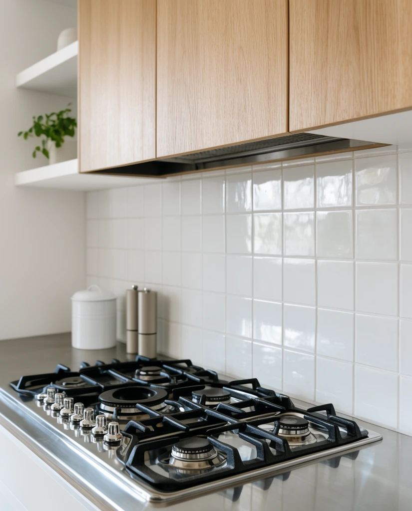 A minimalist kitchen interior featuring a gleaming stainless steel countertop with a five-burner gas stovetop, heavy black cast iron grates, and polished silver knobs. A glossy white square tile backsplash rises to flat-panel light wood upper cabinets. A white canister and two cylindrical grinders rest on the counter. White floating shelves to the left hold a small green potted plant. Soft natural light creates bright reflections on the metallic and glazed surfaces, captured from a low angle with a shallow depth of field.