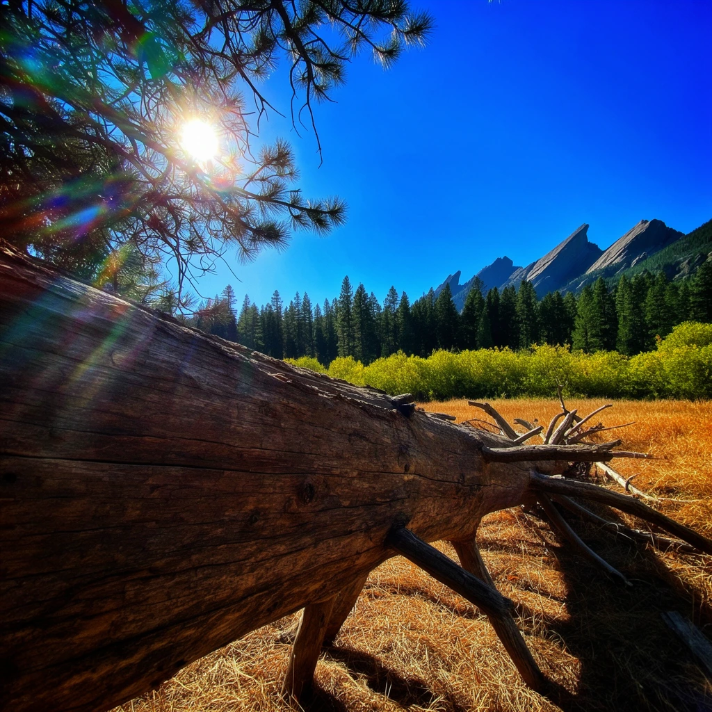 A massive, weathered fallen tree trunk stretches diagonally across the foreground of a vivid wide-angle landscape photograph. The rough, brown log rests on dry golden-brown grass, casting sharp shadows from the bright sun positioned in the upper left. The sunlight bursts through silhouetted pine branches, creating a multi-colored lens flare that streaks across the scene. Beyond the dead tree, a dense horizontal band of dark green evergreen trees is bordered by bright yellow-green bushes. In the distant upper right, sharp, angular mountain peaks rise against a clear, deeply saturated blue sky. The low camera angle emphasizes the textured bark of the log while a deep depth of field sharply captures the distant rocky formations, characterized by high contrast and intense color saturation.