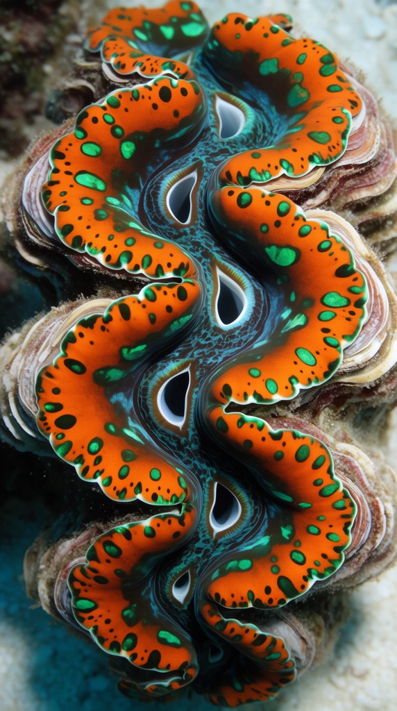 top-down underwater macro of giant clams, vibrant orange mantles with scalloped wavy edges, iridescent emerald green spots, white-rimmed siphons, ridged shells on sandy seabed