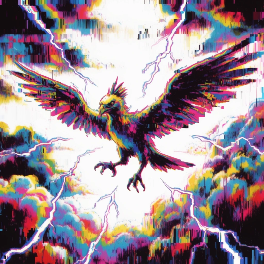 A single bird-like creature with a spiky crest, widely extended wings, and forward-reaching talons flies centrally in a cloudy sky, surrounded by multiple branching lightning bolts. The entire scene is rendered through aggressive digital glitch art and vertical pixel sorting. The visual aesthetic features severe databending artifacts, chromatic tearing, and harsh digital static that drags visual elements into jagged, vertical striations. A stark, blown-out pure white background creates extreme contrast against the intense, highly saturated CMYK-style color palette of fluorescent magenta, cyan, bright yellow, and pitch black. The forms of the creature, the surrounding clouds, and the jagged lightning bolts are heavily fragmented by sharp aliasing, intense color bleeding, and corrupted pixel blocks, flattening the perspective into a chaotic, intensely vibrant corrupted digital display.