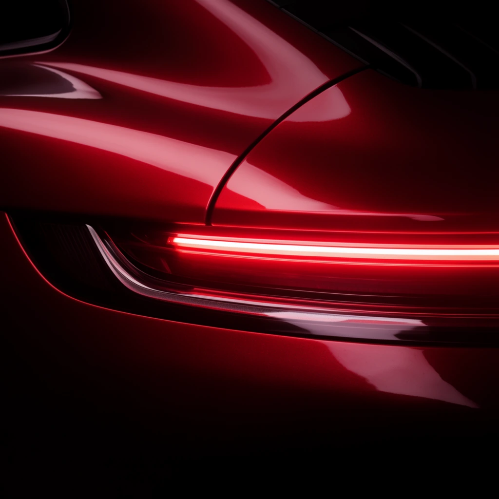 A sleek automotive panel in deep glossy crimson bisected by a brilliant horizontal neon-red LED light strip. Dramatic chiaroscuro lighting highlights the reflective metallic curves against rich black shadows at the edges, emphasizing the modern aerodynamic geometry and intense luminous glow.