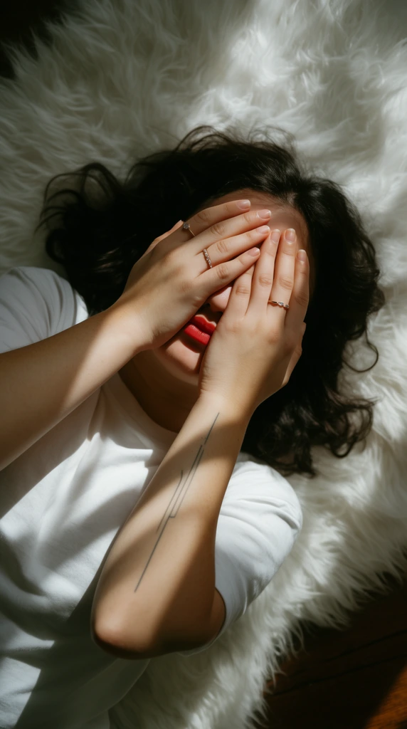 Top-down view of a person lying on a plush white faux-fur rug, their face completely covered by both hands. The subject wears a casual white t-shirt, with dark, wavy hair fanning out around their head. Vibrant red lips are barely visible through overlapping fingers wearing delicate rings. A minimalist linear tattoo accents the right forearm. Strong, dramatic natural lighting casts sharp diagonal shadows across the arms, torso, and textured rug, creating a high-contrast, intimate mood. A tiny sliver of dark wood flooring grounds the bottom right corner.