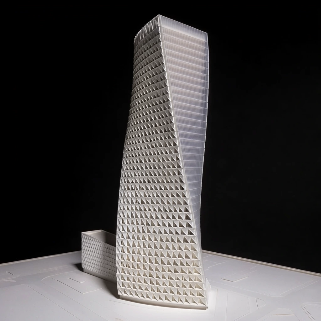 An architectural scale model of a twisting modern skyscraper stands isolated against a stark black background. The tall tower features a dynamic torsion design, widening at the base and rotating smoothly upwards. The prominent facade is clad in a dense, rhythmic grid of protruding white triangular louvers that cast sharp shadows under stark directional studio lighting. An adjacent face displays a translucent surface with fine horizontal mullions. A smaller rectangular annex with matching textured louvers connects at the lower left. The pristine white structure rests on a flat rectangular presentation base etched with subtle geometric site lines, emphasizing the crisp, high-contrast geometric precision of the miniature.