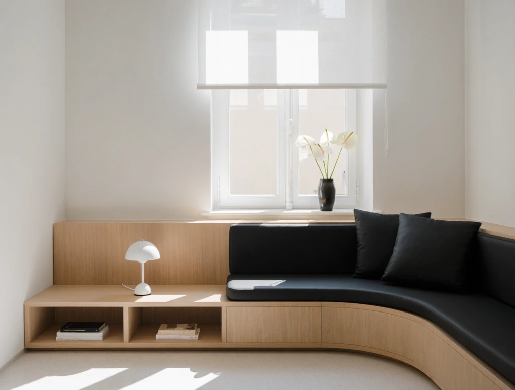 A minimalist, sunlit interior space features a custom pale wood built-in banquette integrated seamlessly with low open shelving. The wooden structure on the left holds a small white dome-shaped table lamp and stacked books, transitioning into a curved, recessed seating area outfitted with smooth black upholstery and matching square throw pillows. Behind the nook, a classic white window is partially shaded by a sheer white roller blind. A dark vase holding white anthurium flowers sits on the sill. Bright natural daylight pours in, casting sharp geometric shadows across pristine white walls, wooden surfaces, and light speckled flooring, highlighting the serene, contemporary architectural lines.