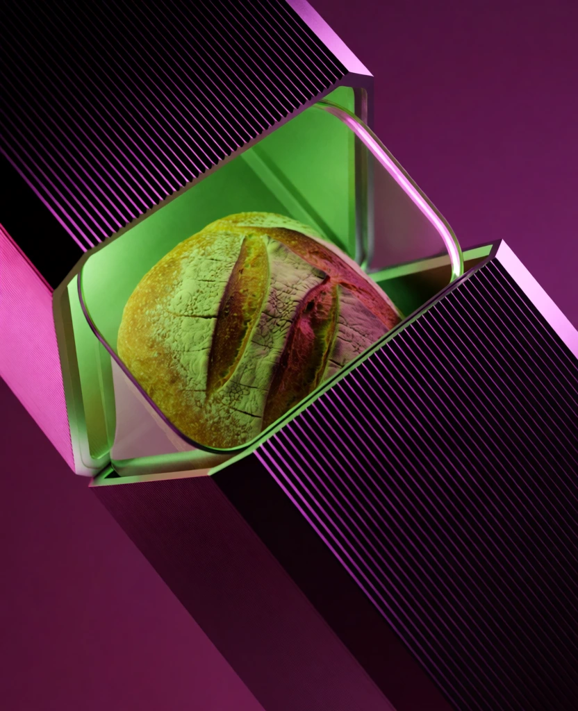 oblique low-angle shot of a rustic sourdough loaf seen through a rounded rectangular glass portal of a ribbed anodic aluminum structure, interior cavity saturated in a toxic chartreuse green luminescence, exterior surfaces bathed in deep magenta and violet ambient light with sharp specular highlights, industrial sci-fi aesthetic, cinematic high-contrast lighting, split-tone neon palette, noir atmosphere, precise textural detail on the bread crust, filmic grain, moody composition