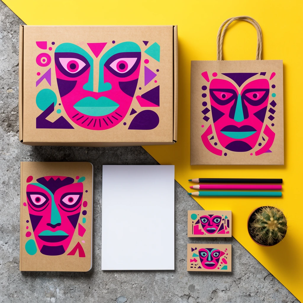A top-down flat lay of vibrant stationery on a split background of a yellow diagonal plane over textured grey concrete. The set includes a kraft cardboard box, a rope-handled paper bag, notebooks, blank paper, business cards, three colored pencils, and a small potted cactus. The kraft items are decorated with bold, abstract magenta, teal, and purple illustrations of stylized masks and geometric shapes under crisp studio lighting.