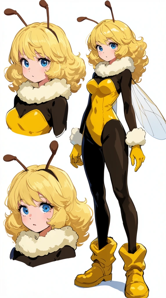An anime character design sheet showing a bee-themed young woman in a full-body stance alongside two close-up portraits. She has voluminous blonde hair, brown antennae, large blue eyes, and translucent wings. She wears a yellow and black bodysuit with a fluffy white collar and cuffs, matching gloves, and chunky boots, rendered with crisp line art and vibrant cel shading against a stark white background.