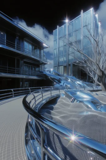 Prismatic Chrome Futurism style reference image — liquid chrome