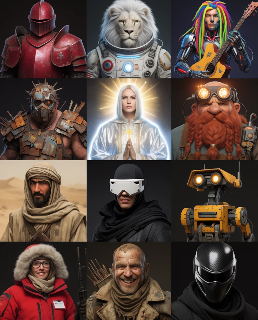 A grid of sci-fi and fantasy character portraits arranged in staggered horizontal rows against dark backgrounds. The diverse cast includes heavily armored knights in crimson plate, a white-furred humanoid lion in a space suit, and a cybernetic bard with neon dreadlocks. Subsequent rows feature a masked brute in rusted scrap armor, a radiant cleric in glowing silver robes, and a dwarven mechanic with a braided red beard wearing heavy welding goggles. The bottom sections display a desert nomad in a heavy canvas duster, a vigilante in a white tactical visor, a blocky construction droid, a researcher in a red arctic parka, a grinning wasteland scavenger, and a silent ninja in a sleek black carbon-fiber helmet. The composition resembles a dynamic character selection roster featuring highly varied lighting, vibrant accent colors, and detailed costume textures.