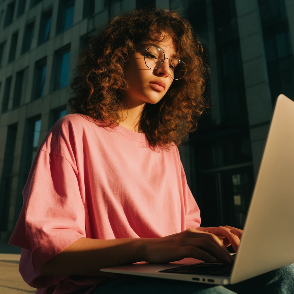 young woman with curly brown hair and round glasses typing on a silver laptop, loose pink t-shirt, intense golden hour sunlight, harsh shadows, modern grey building background, low angle medium shot