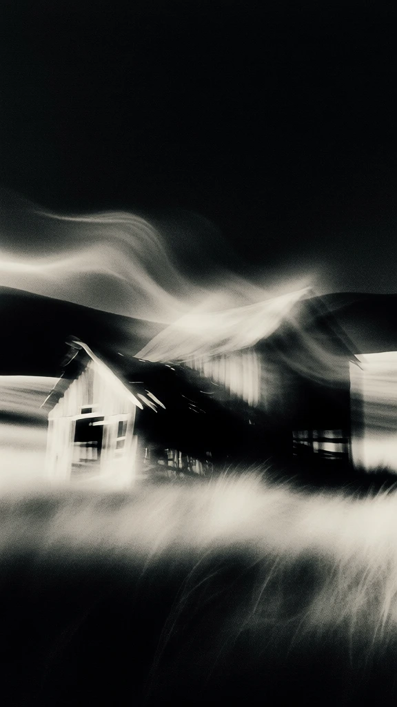two skeletal dilapidated wooden barns in a vast field near rolling hills, rendered in extreme kinetic motion blur, intentional camera movement, high-contrast chiaroscuro, ethereal glowing highlights streaking across a pitch-black abyss, heavy sandblasted film grain, haunting monochromatic cream and charcoal palette, ghostly long-exposure smears, abstraction of structural forms into luminous wisps, liminal and haunting atmosphere, high-speed visual streaking, painterly photographic noise