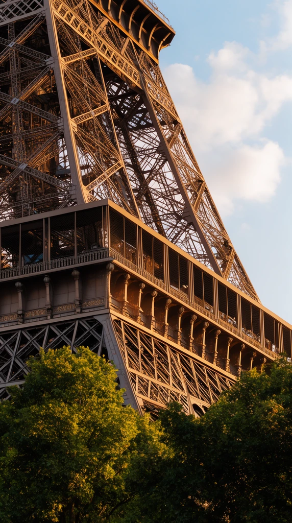 towering wrought-iron lattice structure, intricate metal cross-bracing bathed in golden hour sunlight, lush green trees in the lower foreground, pale blue sky with soft white clouds, low angle architectural photography