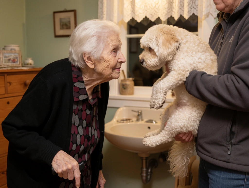 An elderly woman with short white hair leans forward to look directly at a fluffy cream-colored dog held at her eye level by a partially visible person in a grey fleece jacket. The woman wears a black cardigan over a blouse patterned with burgundy and grey ovals, resting one hand on a black cane handle. The warm, softly lit room features sage green walls, a wooden dresser, and a window with white lace curtains above a ceramic sink. The candid medium shot captures the close profile interaction using diffused indoor lighting and a natural color palette.
