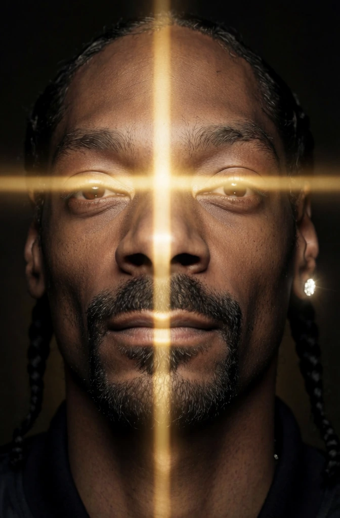 A close-up portrait of the artist Snoop Dogg features a glowing, golden cross superimposed over his face against a dark background. His face is positioned centrally, gazing directly forward with a neutral expression. The cross-shaped light effect consists of a vertical beam running down the center of his forehead, bridge of his nose, and mouth, while a horizontal beam passes directly over his eyes, causing the pupils to catch the light. He has dark facial hair, including a thin mustache and a small goatee on his chin. His skin tone is brown, highlighted by the warm, golden illumination of the cross. Dark, thin braids hang behind his ears, and a bright, glistening stud earring is visible on his left earlobe. The background is entirely black, merging with the shadows on the sides of his face and head. The composition uses a direct, eye-level camera angle with a tight crop, emphasizing the symbolic glowing light. The lighting creates a high-contrast chiaroscuro effect where the perimeter of the subject blends into the darkness, and the color palette is limited to deep blacks and saturated, glowing golds and yellows.