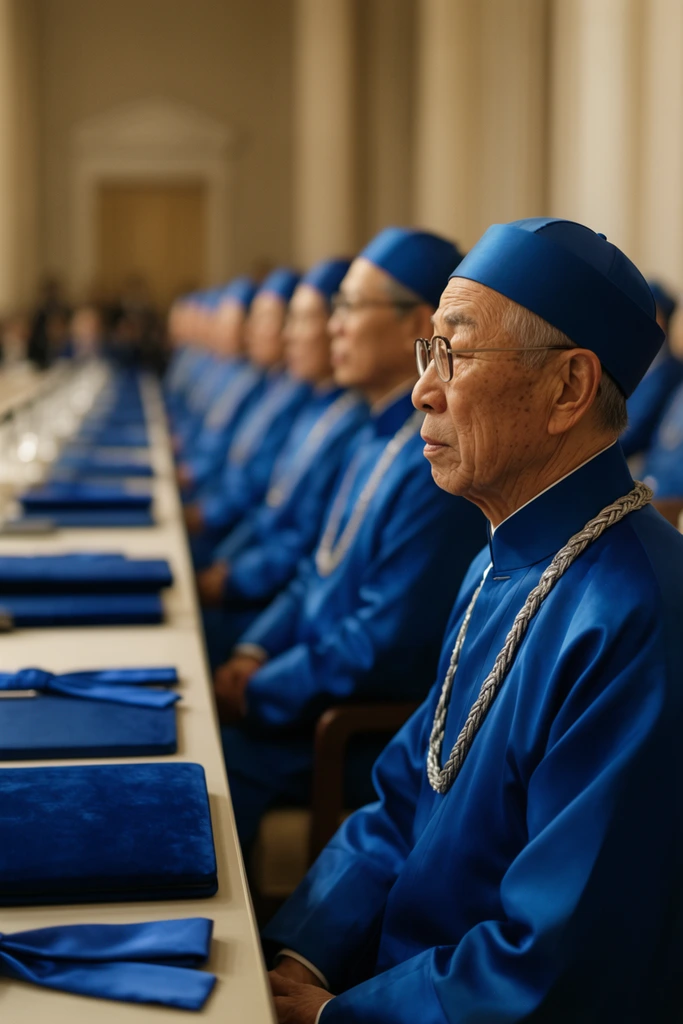 An elderly East Asian dignitary in striking sapphire blue ceremonial attire sits in profile at a long table during a formal assembly. The man features deeply lined skin, wire-rimmed glasses, and a blue skullcap, his high-collared garment accented by a thick braided silver chain. He is the foreground anchor in a long row of similarly dressed individuals seated at a continuous pale desk lined with blue velvet portfolios and folded blue sashes. Captured with a shallow depth of field, the cinematic composition places him in sharp focus while the receding line of delegates dissolves into a soft, luminous blur. Warm, diffused lighting contrasts the vivid sapphire tones against the muted beige architecture of the grand hall.