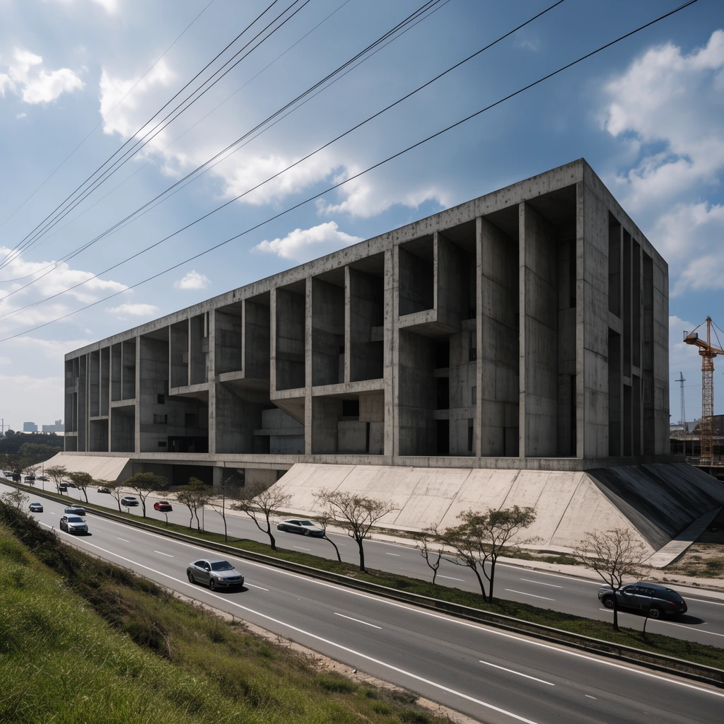 A colossal brutalist concrete building featuring an exoskeleton of vertical pillars and deep, asymmetrical recesses rests on an angled plinth beside a multi-lane highway. Moving cars navigate the asphalt alongside a median planted with sparse trees. Diagonal power lines cross a partly cloudy blue sky. Captured from an elevated wide-angle perspective in harsh daylight, deep shadows emphasize the geometric, raw gray facade. A grassy slope frames the left foreground, while a construction crane stands in the distant right.