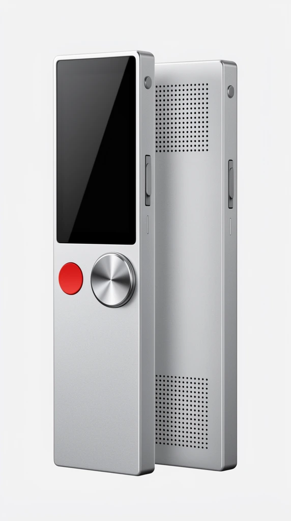 two silver handheld electronic devices, front unit with black screen, red button and metallic circular dial, rear unit showing smooth casing and perforated mic grills, minimal industrial design, clean studio background, commercial product photography