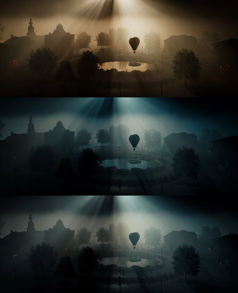 cinematic wide shot of a town featuring a circular pond and a hot air balloon, dramatic volumetric light shafts piercing through thick atmospheric haze and fog, high contrast silhouettes, moody low-key lighting, three panel triptych showing color grading variations from warm golden amber to cool teal moonlight and vintage film tones, deep cinematic shadows, grainy film texture, ethereal and mysterious aesthetic, architectural silhouettes against glowing light, ultra-detailed.