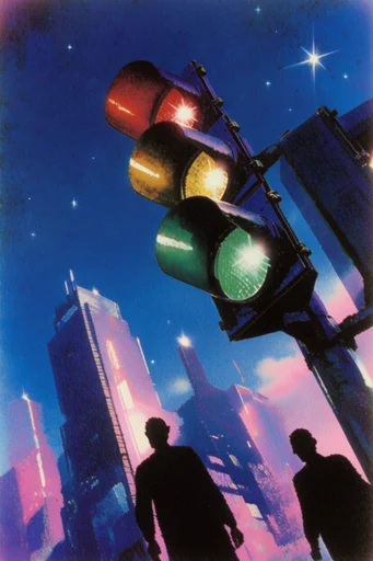 Nocturnal Retro-Surreal Cosmicism style reference image — glowing lens flares