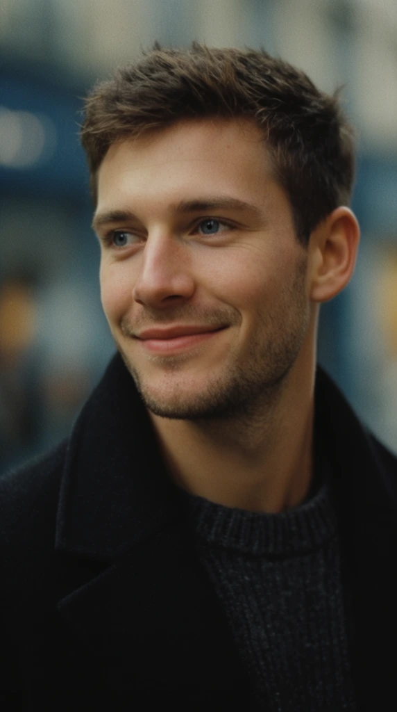 close-up portrait of a young man, subtle warm smile, looking off-camera to the left, short textured brown hair, light facial stubble, bright blue eyes, wearing a heavy black overcoat over a dark grey ribbed knit sweater, cinematic lighting, soft diffused illumination on facial features, shallow depth of field, heavily blurred background with muted blue and grey tones, anamorphic lens bokeh, 35mm film grain, candid atmosphere
