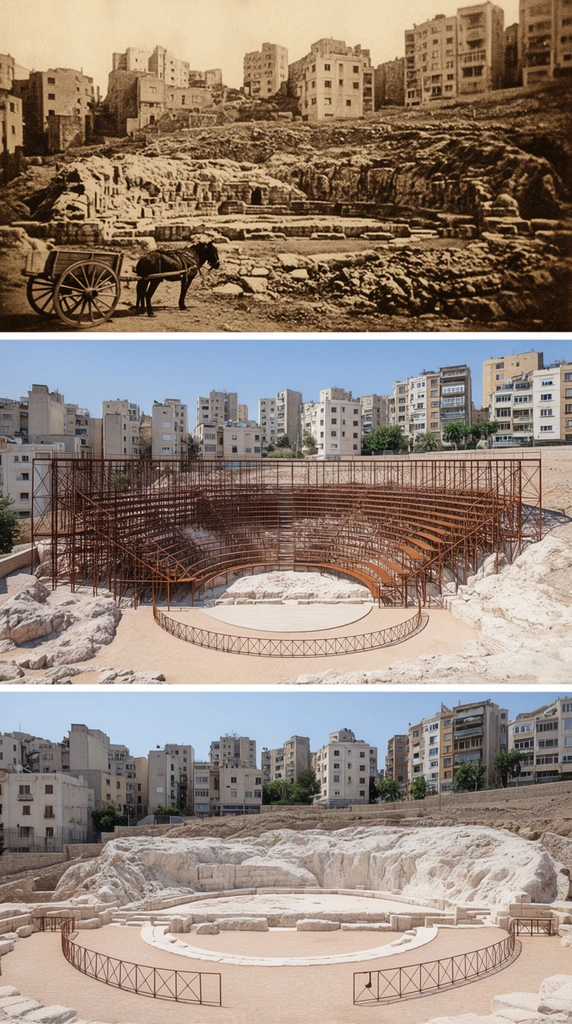 A vertical triptych illustrating the evolution of an ancient semi-circular amphitheater excavation nestled within a dense city. The top panel is a sepia-toned historical photograph depicting weathered stone ruins on a rugged hillside, featuring a horse-drawn cart in the foreground. The middle panel displays a contemporary daylight view of the same site, where delicate, rust-colored metal scaffolding reconstructs the missing architectural volume of the theater over pale rocky outcrops. The bottom panel provides a wider, ground-level perspective of the excavated site, revealing curved pale stone foundations, sandy pathways, and low metal fencing. The two contemporary color panels highlight a stark architectural contrast, juxtaposing the ancient archaeological footprint and its modern geometric restoration framework against a backdrop of dense, multi-story residential buildings under bright, clear skies.